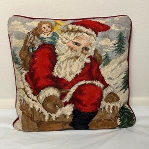 Vintage Needlepoint Pillow Santa Chimney Angel Red Velvet Back 12" x 12”